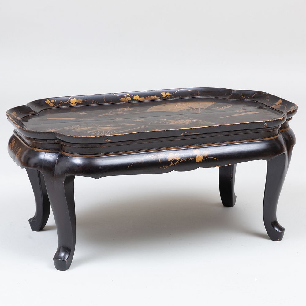 Appraisal: Japanese Mother-of-Pearl Inlaid Black Lacquer Tray Table In two parts