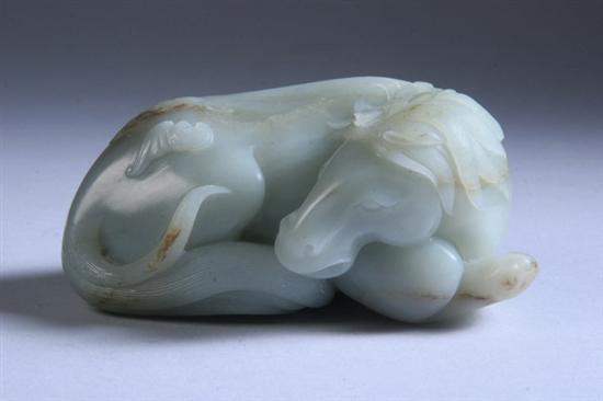 Appraisal: CHINESE CELADON JADE FIGURE OF HORSE th century He Tian