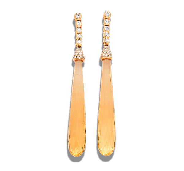 Appraisal: A pair of diamond and citrine pendant earrings mounted in