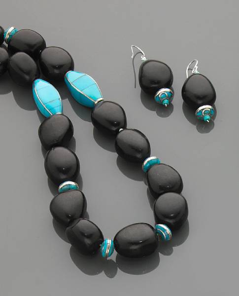 Appraisal: Jet and Turquoise Bead Necklace and Earrings Tumbled beads of