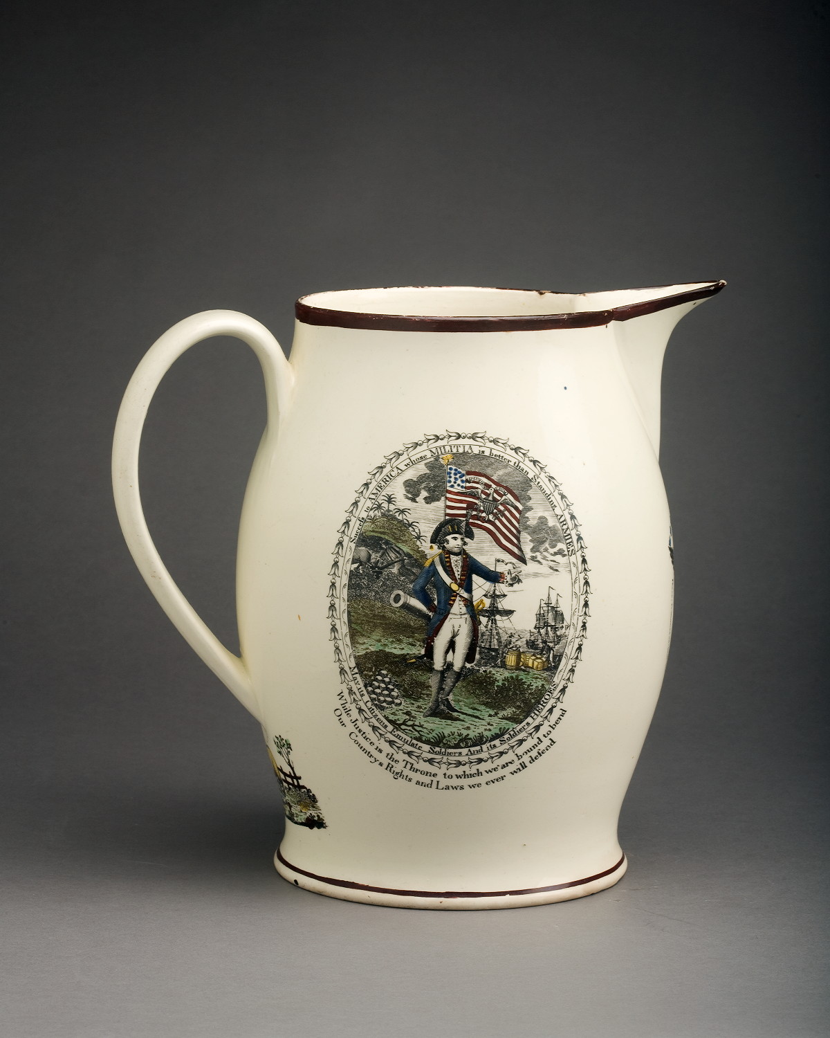 Appraisal: ENGLISH CREAMWARE ENAMEL-DECORATED AND BLACK TRANSFER-PRINTED JUG PROBABLY STAFFORDSHIRE CIRCA