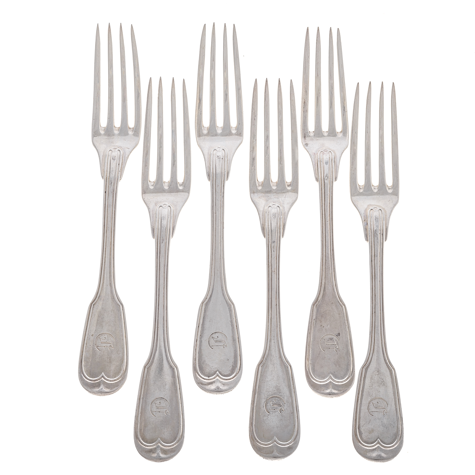 Appraisal: SIX FRENCH EXPORT STERLING DINNER FORKS th century Mercury export