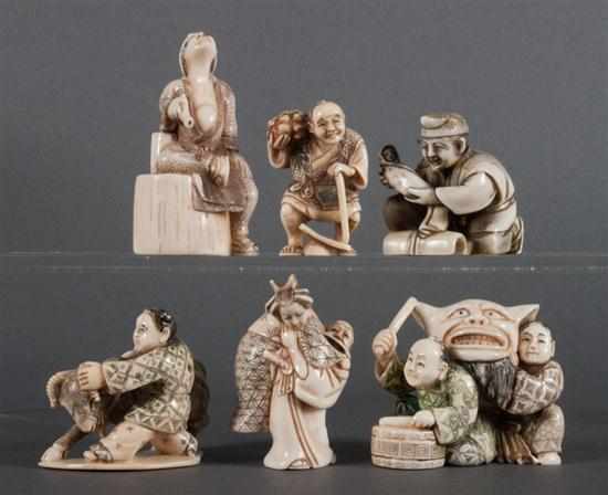 Appraisal: Six Japanese carved ivory and ink-highlighted netsukes all depicting villagers