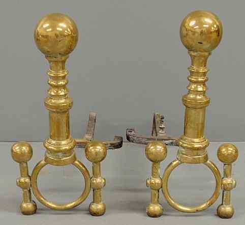 Appraisal: Pair of Victorian brass cannonball andirons late th c with