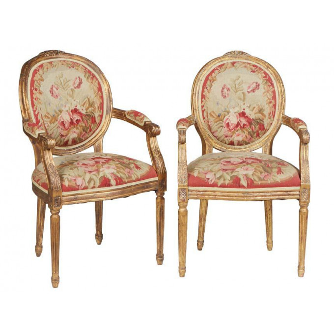 Appraisal: Pair of French Louis XVI Style Carved Gilded Beech Fauteuils