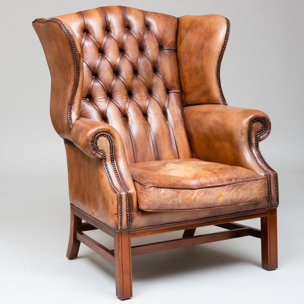 Appraisal: George III Style Mahogany and Leather Wingback Chair ft in