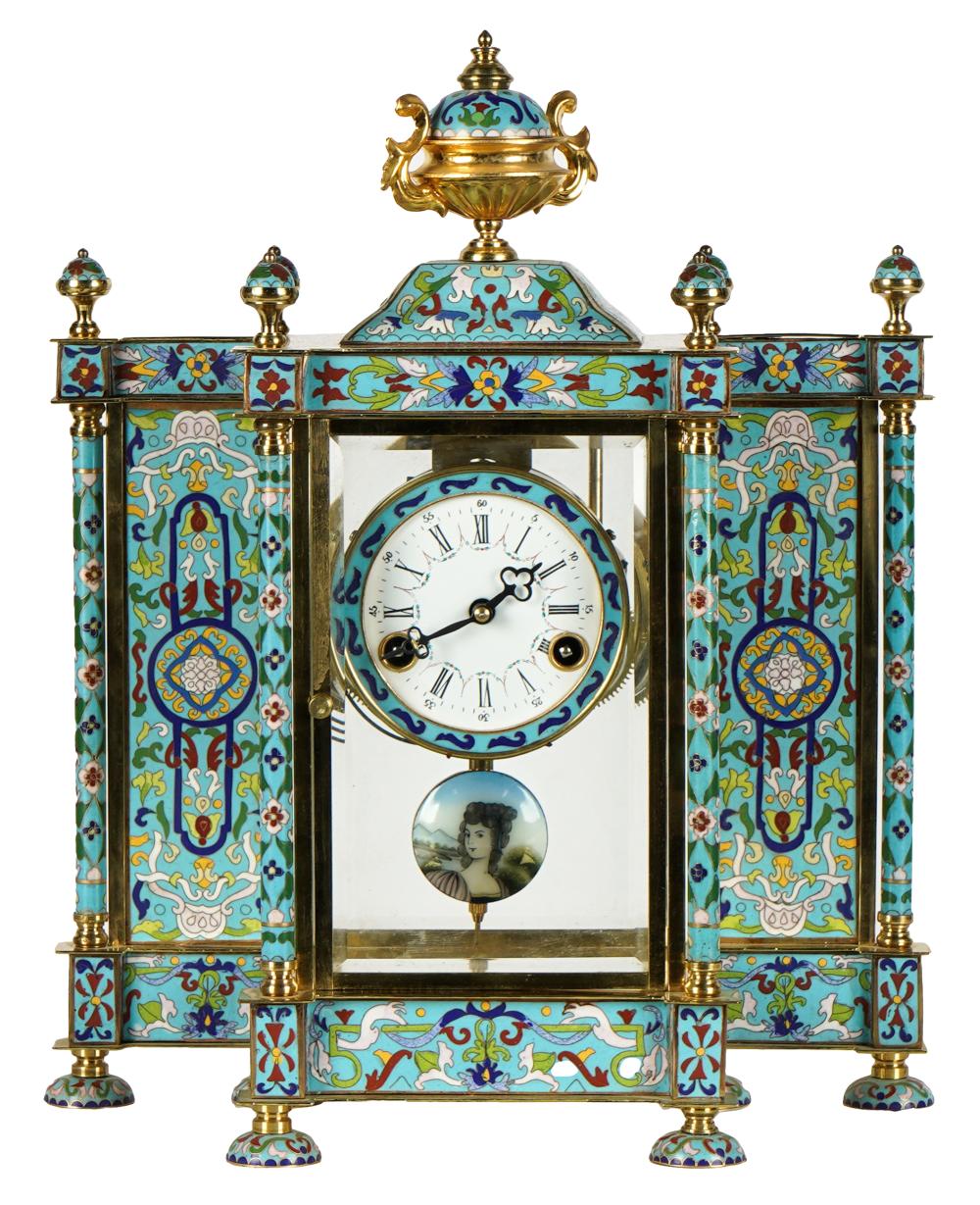 Appraisal: CHINESE CLOISONNE ENAMEL GILT METAL GLASS CLOCKwith pendulum the movement