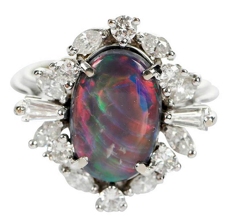 Appraisal: kt Opal and Diamond Ring center oval cabochon opal approx