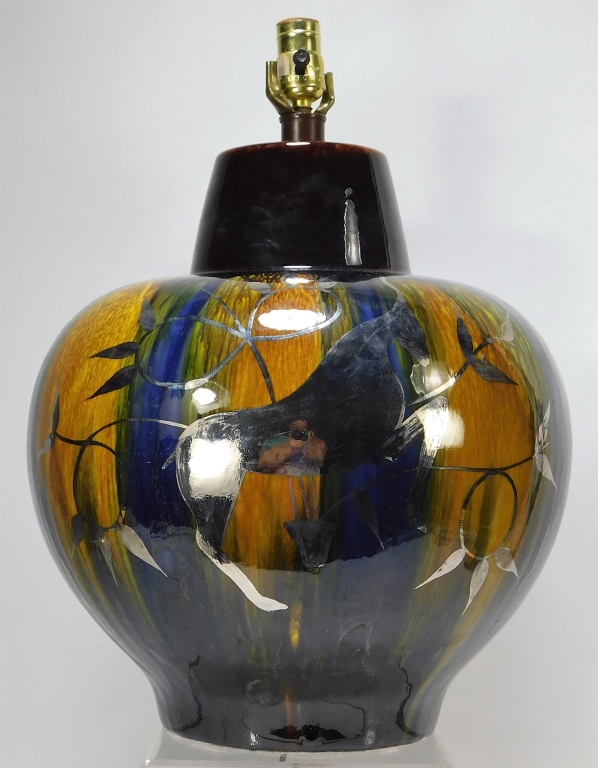 Appraisal: AMERICAN ART DECO FLORA FAUNA POTTERY LAMP United States th