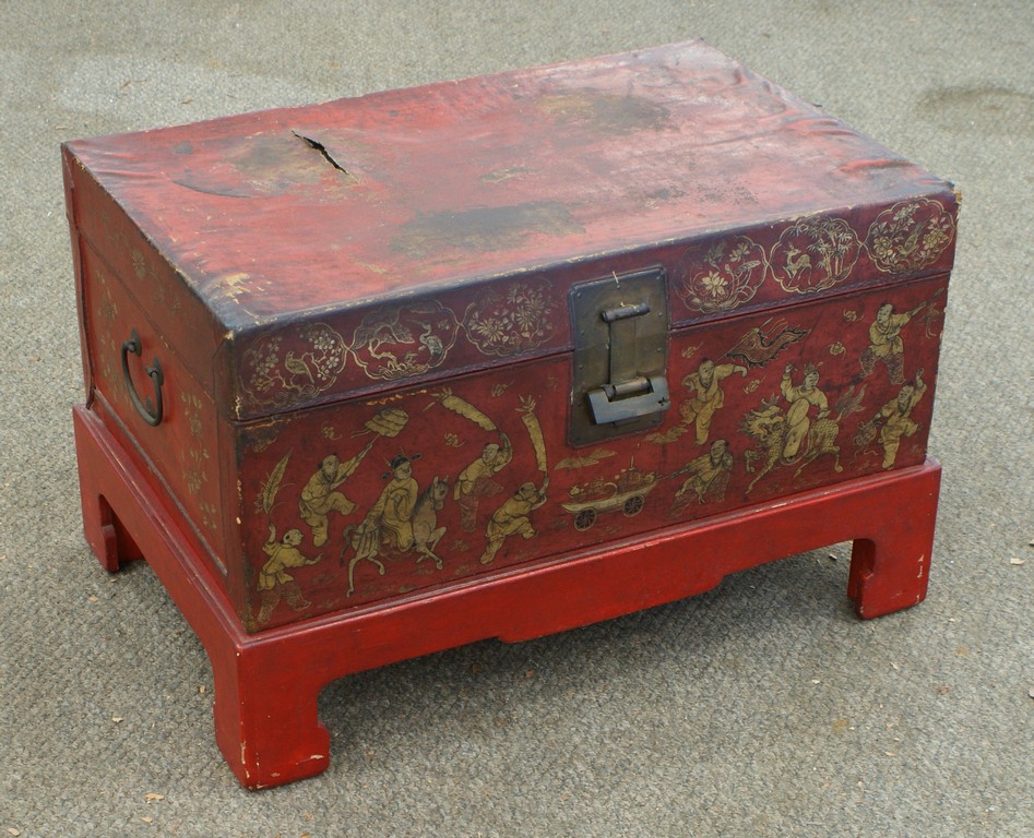 Appraisal: Chinese Painted Leather Chest with later stand tear on lid