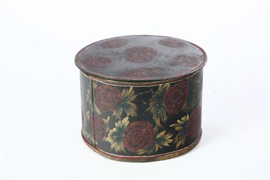 Appraisal: TOLE BOX American early th century Round box with stylized