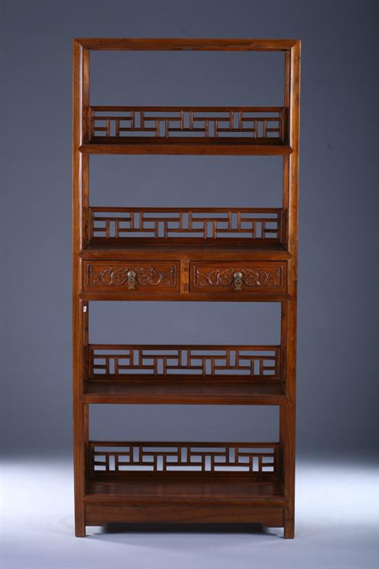 Appraisal: CHINESE ELMWOOD BOOKCASE With four shelves and two drawers -