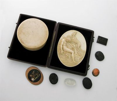 Appraisal: A turned ivory box containing three intaglios a small micromosaic