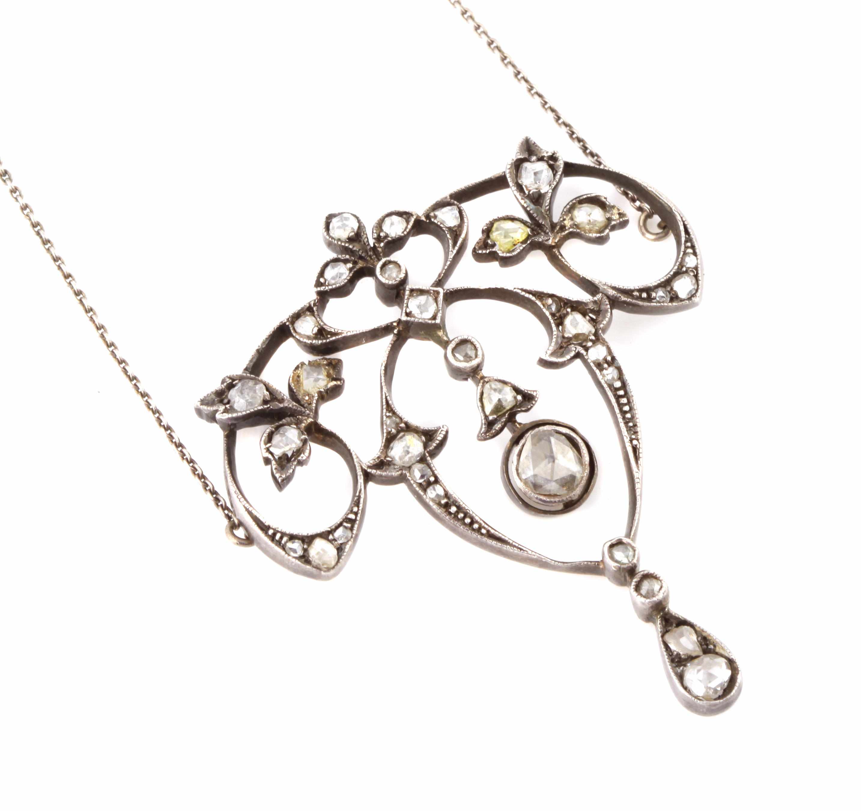 Appraisal: An art nouveau rose-cut diamond and silver-top gold pendant-necklace length