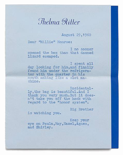 Appraisal: A Marilyn Monroe received note from Thelma Ritter Typed on