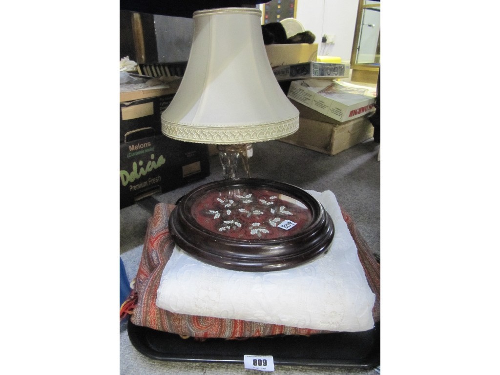 Appraisal: Paisley shawl table cloth beadwork stand and a table lamp