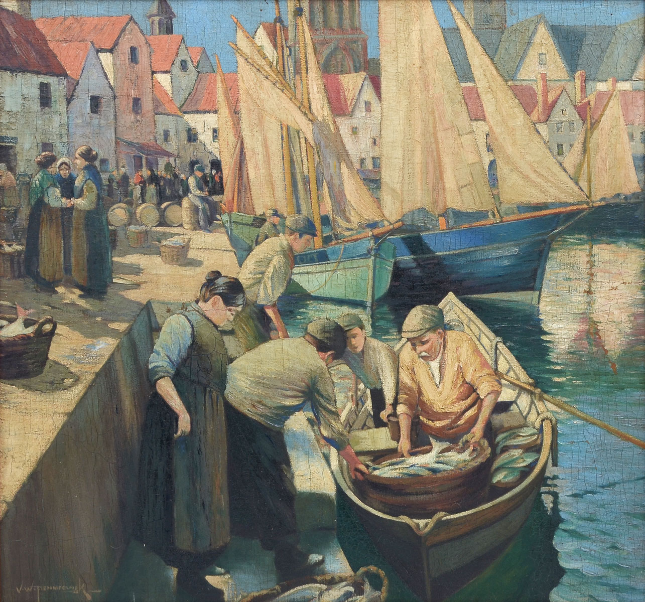 Appraisal: ILLEGIBLY SIGNED ITALIAN FISH MARKET PAINTING Waterside scene with fisherman