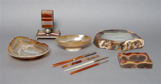 Appraisal: A Group of Eight Agate Desk Articles Height of tallest