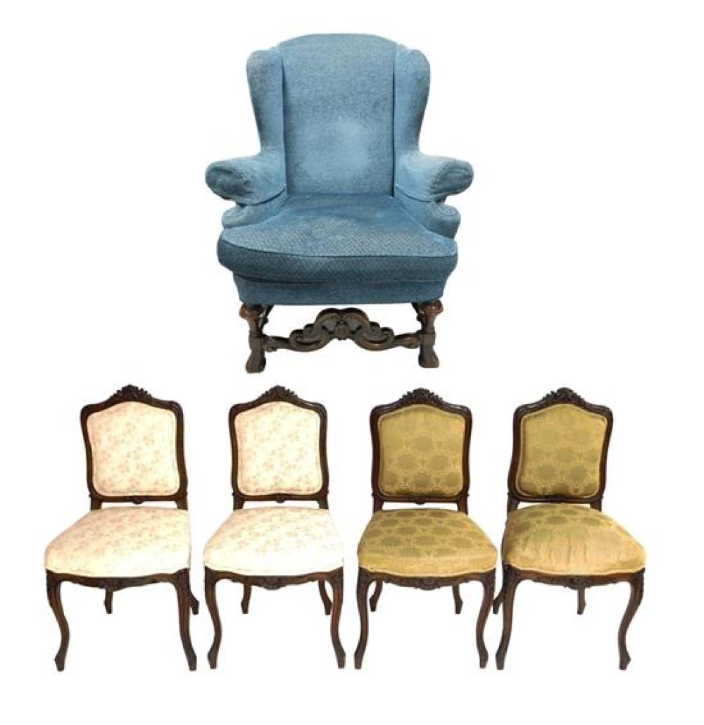 Appraisal: Five upholstered chairs one wing and four side th C