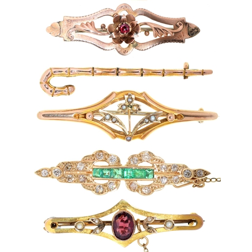 Appraisal: An emerald and diamond bar brooch with calibre cut emeralds