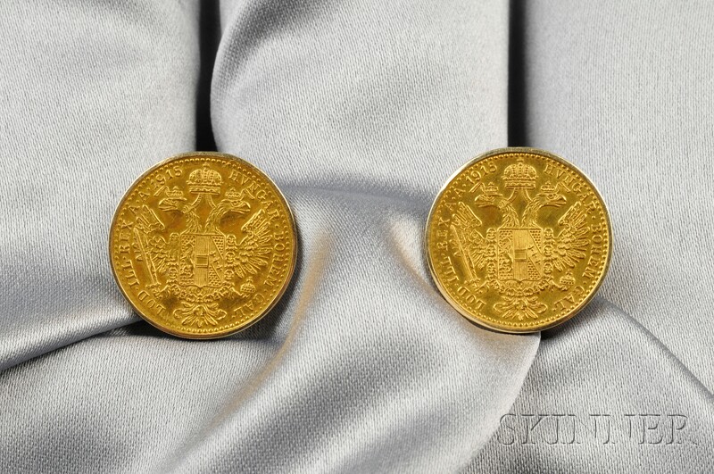 Appraisal: Austro-Hungarian Coin-Mounted Cuff Links each bezel-set with a coin dated