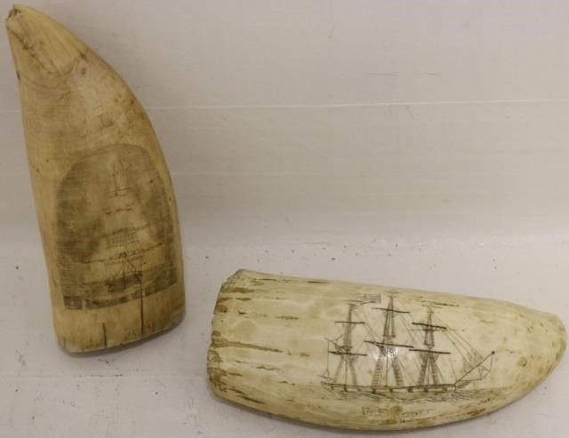 Appraisal: MID- TH C SCRIMSHAW WHALE TEETH ONE DEPICTSTHE SHIP B