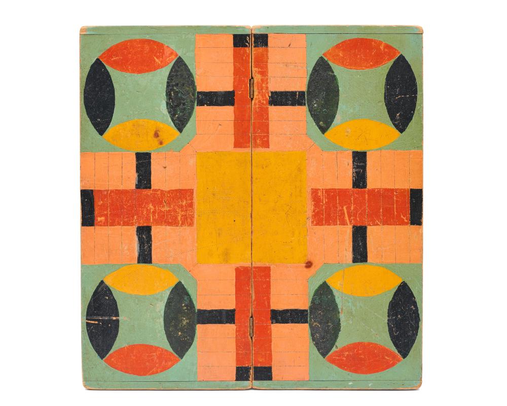 Appraisal: Paint-Decorated Folding Parcheesi Board x in Provenance Pine Tree Antiques