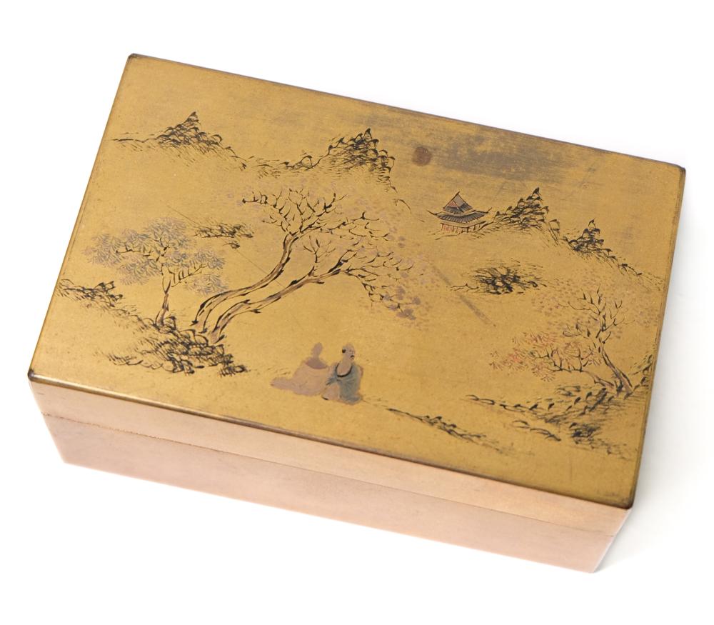 Appraisal: Antique Chinese gold gilt lacquerware box depicting landscape with figures