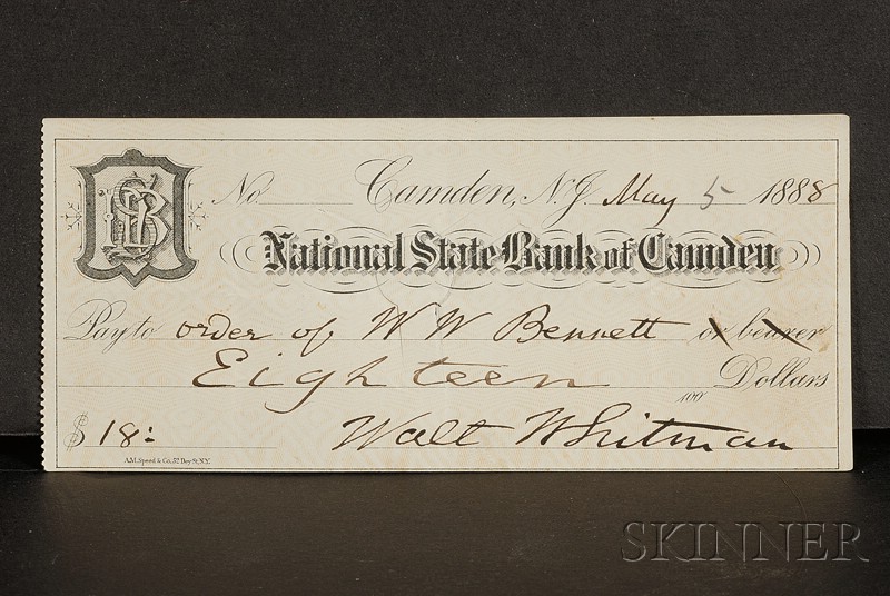 Appraisal: Whitman Walt - Autograph signed check drawn on the National