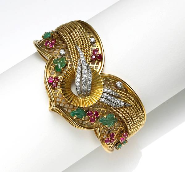 Appraisal: An emerald ruby and diamond bangle French with French assay