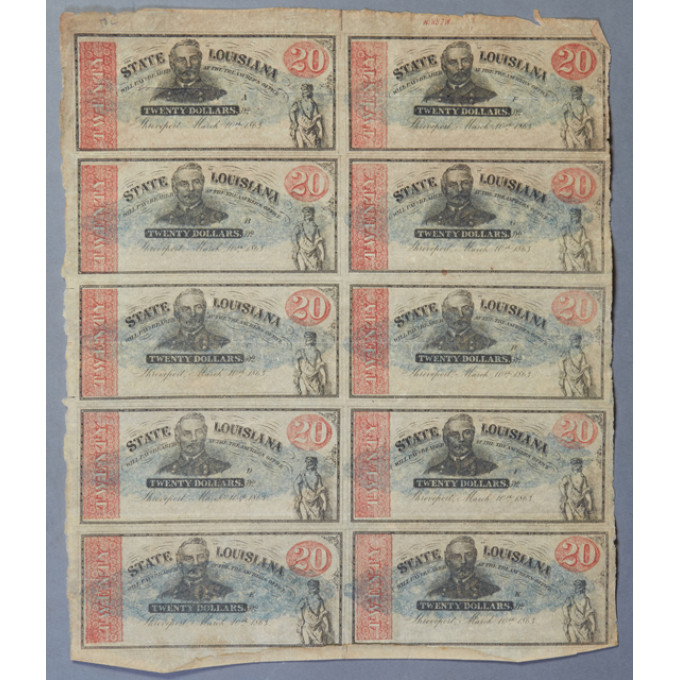 Appraisal: Uncut Sheet of Eight Confederate State of Louisiana Bills Shreveport