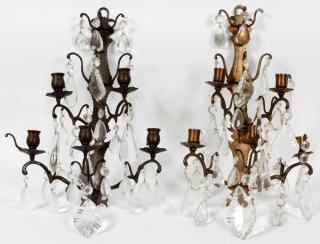 Appraisal: FIVE-LIGHT BRASS SCONCES PAIR TWELVE-LIGHT BRONZE AND CRYSTAL CHANDELIER H