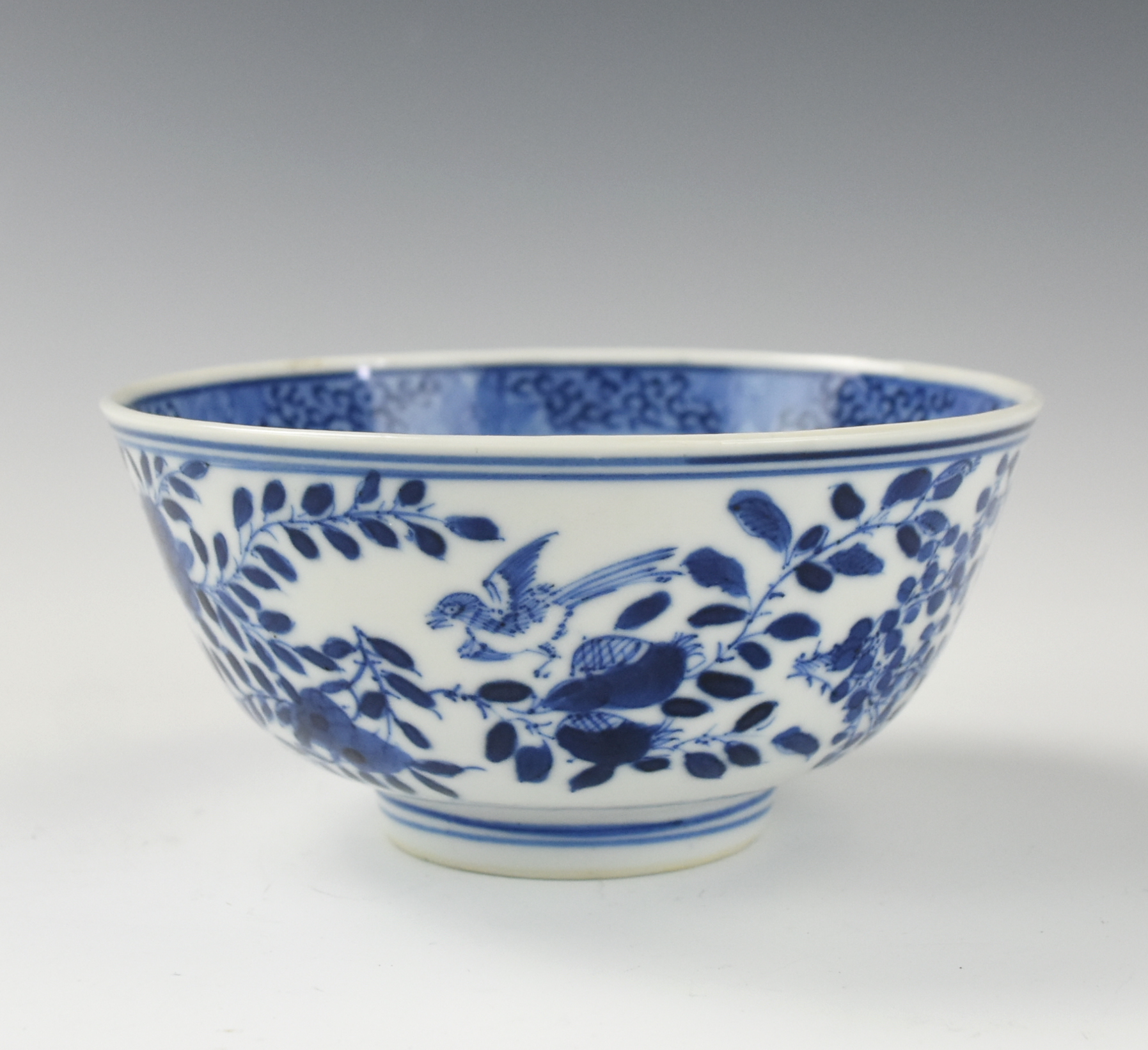 Appraisal: CHINESE BLUE WHITE BOWL W BIRD FLOWER Chinese th C