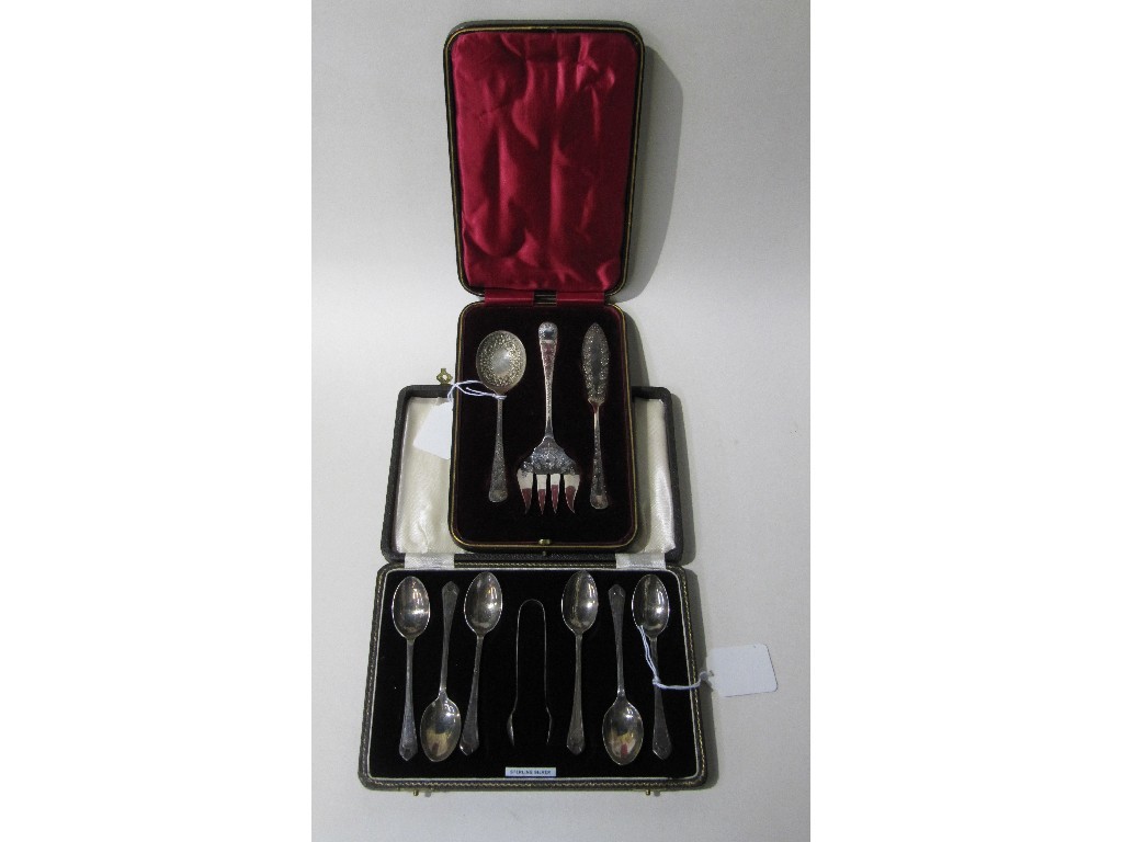 Appraisal: Lot comprising set of silver spoons and tongs Birmingham and