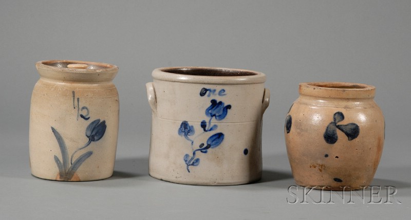 Appraisal: Three Small Cobalt Floral-decorated Stoneware Items America mid to late