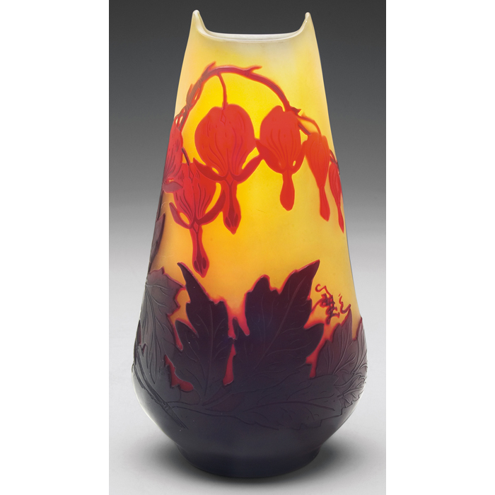 Appraisal: Galle vase unusual shape with cameo cut red bleeding hearts