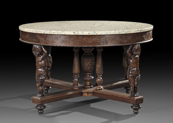 Appraisal: Continental Walnut-Stained and Marble-Top Center Table fourth quarter th century