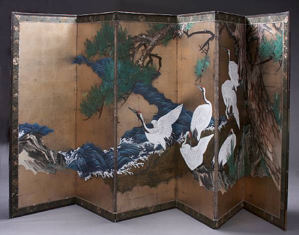 Appraisal: A Japanese six panel screen of cranes and pine trees