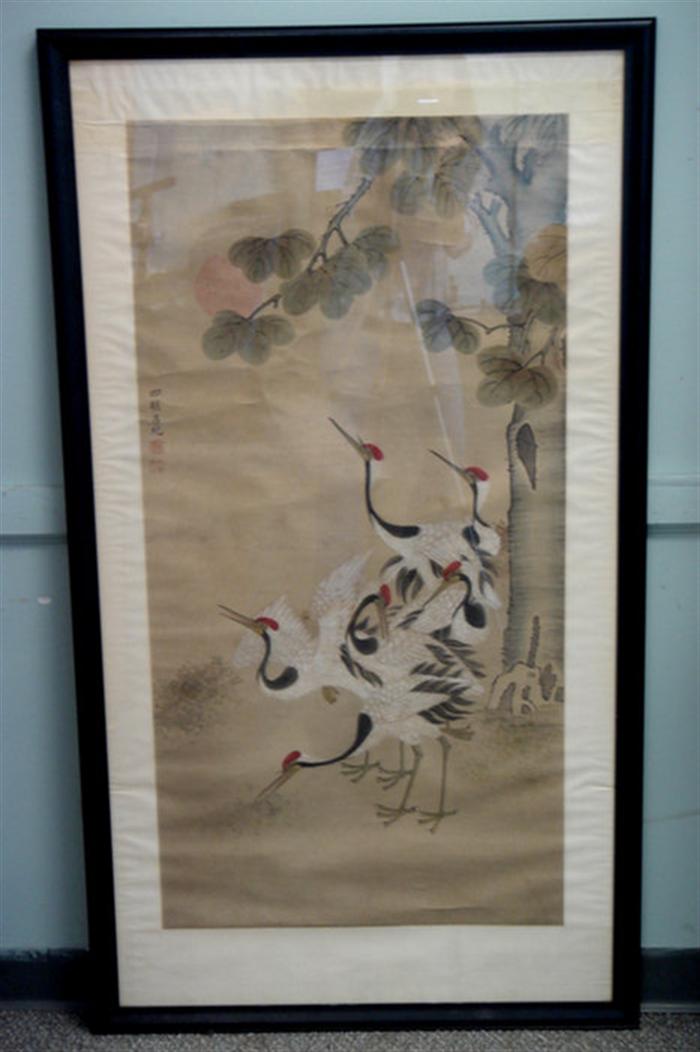 Appraisal: Japanese watercolor on paper silk border Egrets under a tree