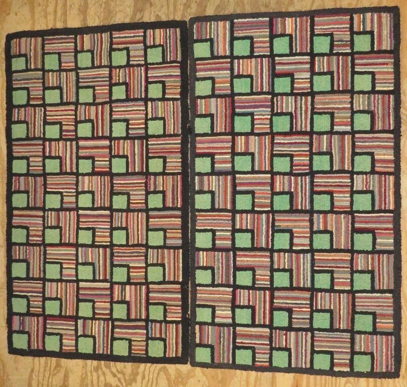 Appraisal: MATCHED WOOL HOOKED GEOMETRIC BLOCK PATTERN AREAca - both hand