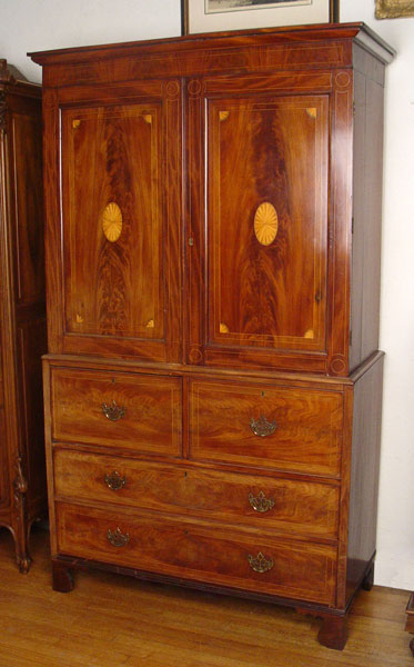 Appraisal: PANTERA STRING INLAY LINEN PRESS ARMOIRE Two piece married cabinet