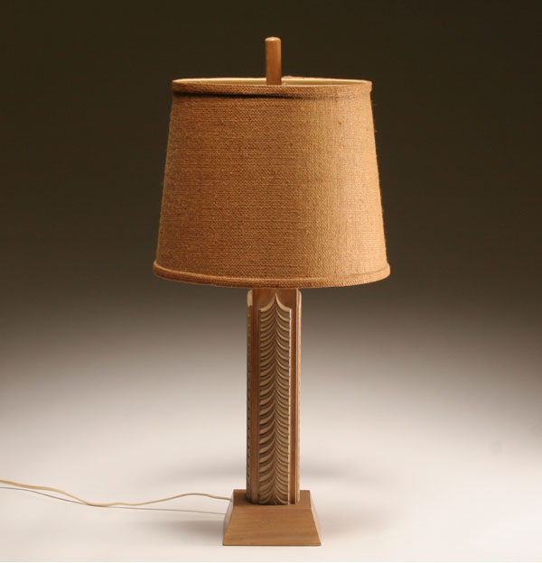 Appraisal: James Mont carved wooden table lamp nicely woven shade Base