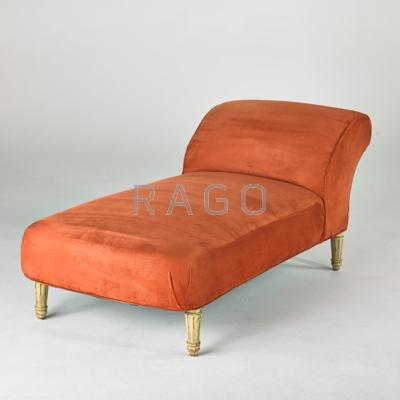 Appraisal: TH CENTURY CHAISE Carved wood frame and ultra suede upholstery