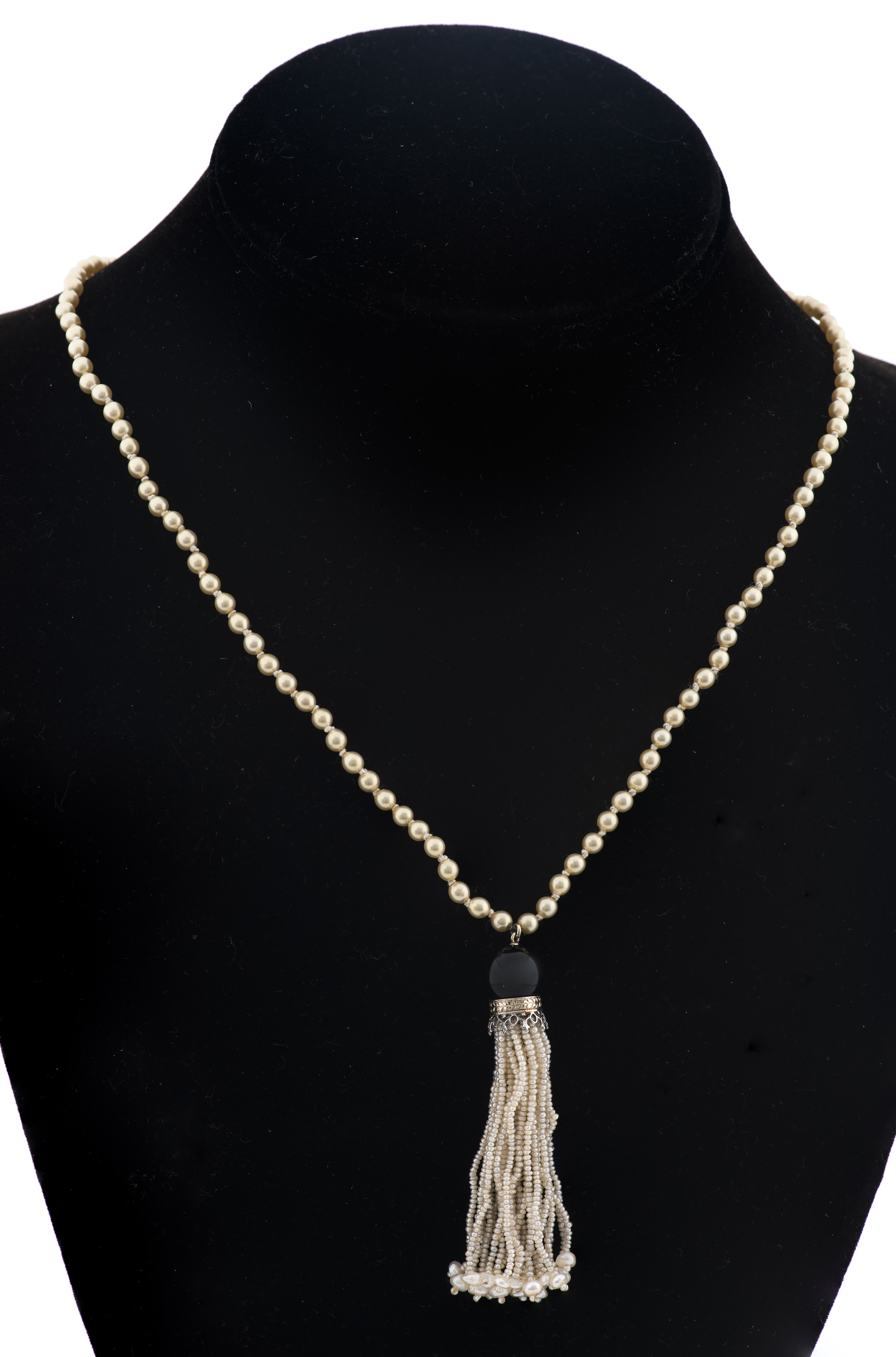 Appraisal: K ONYX SEED PEARL TASSEL ON FAUX PEARL NECKLACE Estate