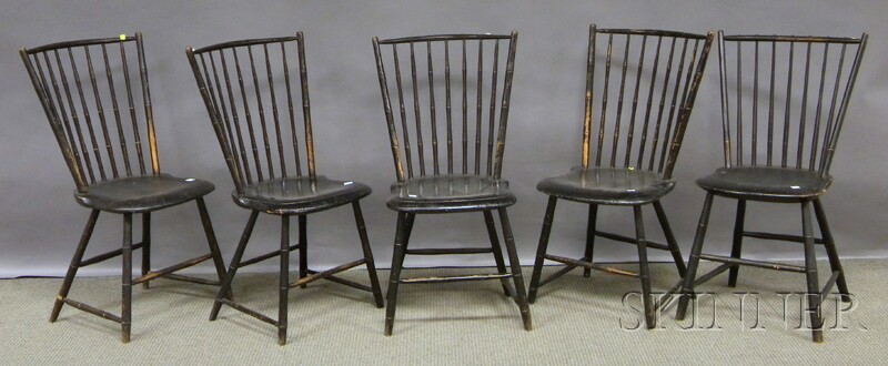 Appraisal: Assembled Set of Five Black-painted Windsor Rod-back Side Chairs with