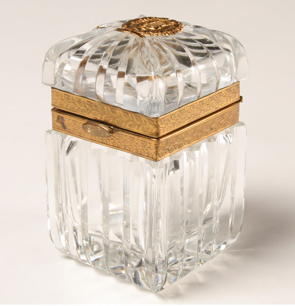 Appraisal: Baccarat glass box with decorative brass trim lyre medallion on