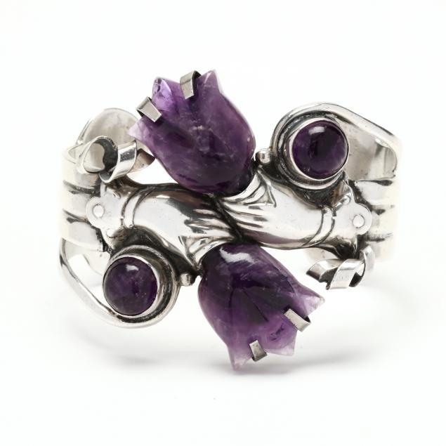 Appraisal: SILVER AND AMETHYST CUFF BRACELET MEXICO The bold cuff with