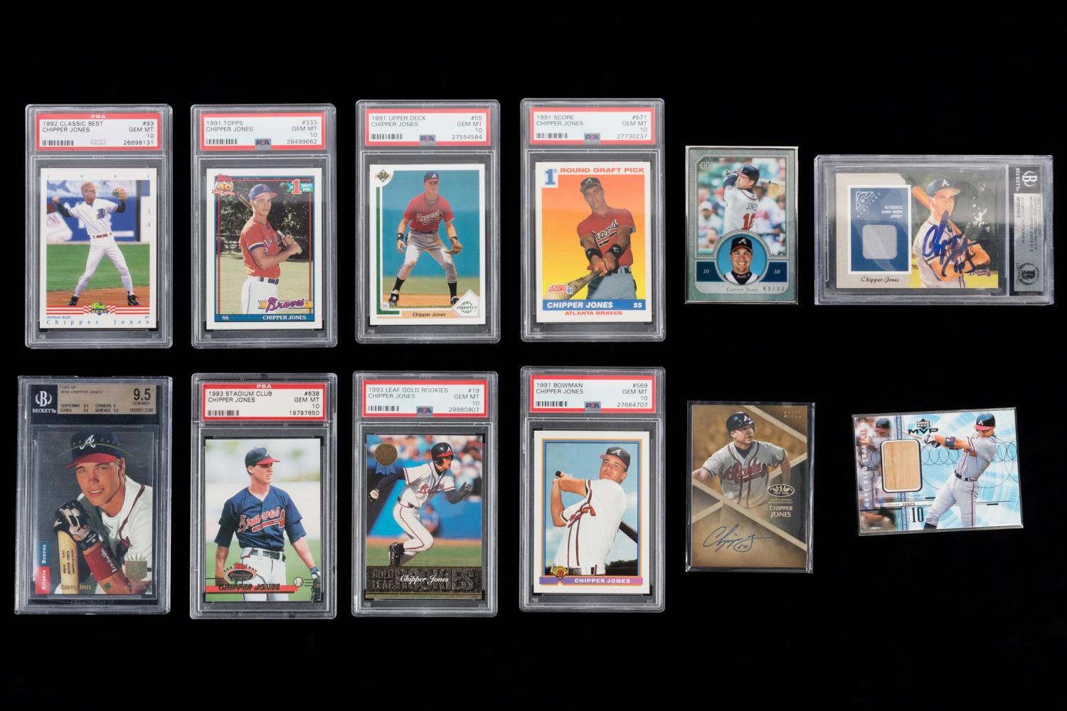 Appraisal: MOSTLY GRADED CHIPPER JONES BASEBALL CARDS Grouping of twelve mostly