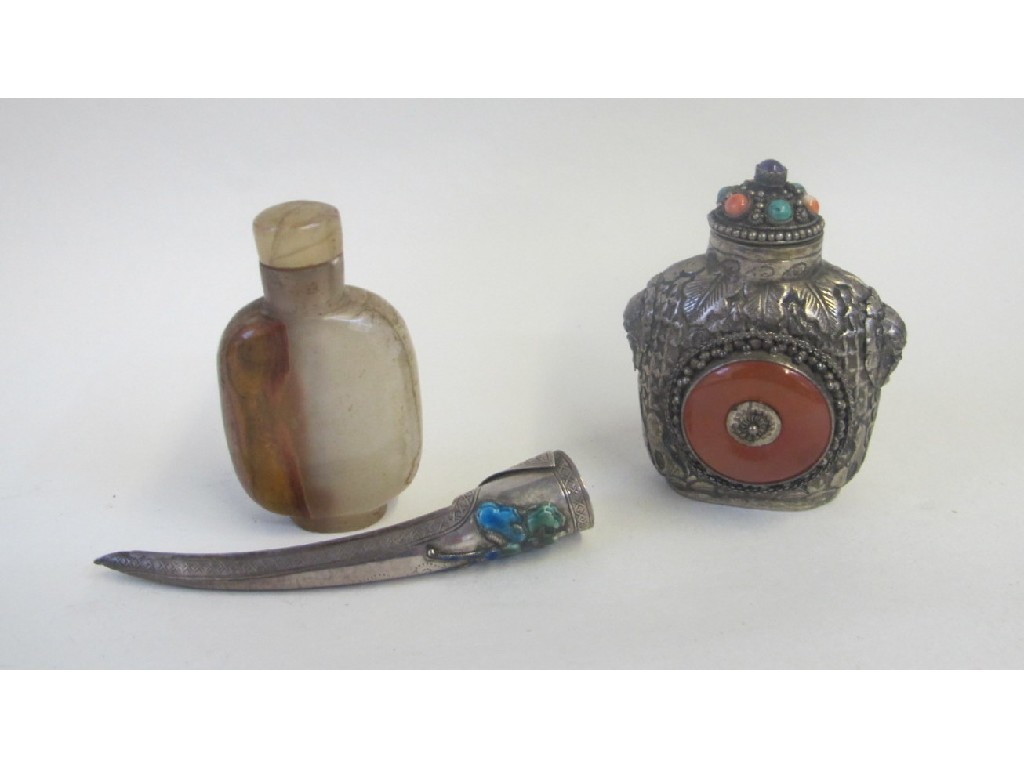 Appraisal: Lot comprising two oriental snuff bottles and a white metal