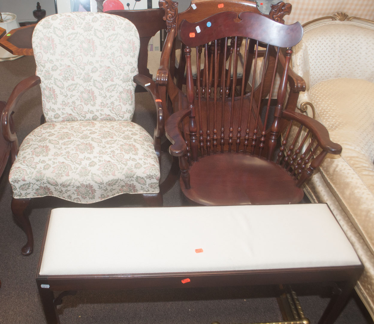 Appraisal: Four pieces of assorted furniture including upholstered bench upholstered armchair